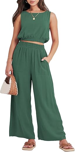 Anrabess Women’s Summer 2 Piece Outfits Sleeveless Crop Top Tank And Wide Leg Pants Linen Jumpsuit Beach Vacation Sets