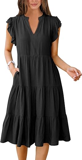 Anrabess Womens Summer Ruffle Sleeve V Neck Midi Dress 2024 Fashion Casual Fit Flowy Tiered Boho Beach Vacation Sundress