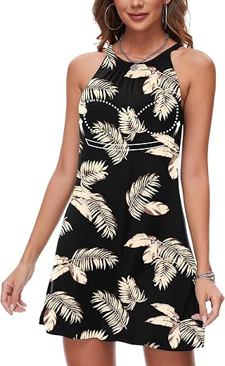 Anyfitting Summer Dress With Built In Bra Casual Beach Sundress Flowy Halter Mini Short Dresses For Women 2024