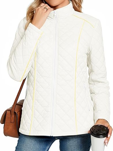 Anyhold Women'S Lightweight Full Zip Jacket Diamond Quilted Coat Long Sleeve Stand Collar Trendy Winter Coat With Pockets