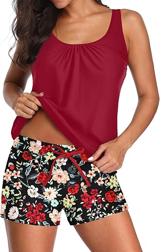 Aqua Eve Two Piece Women'S Tankini Swimsuits Blouson Swim Tank Top With Shorts Modest Bathing Suits