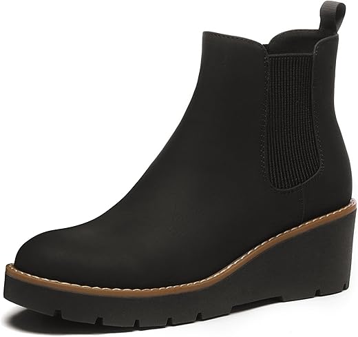 Athlefit Women'S Chelsea Wedge Boots Elastic Platform Lug Sole Slip On Wedge Ankle Booties