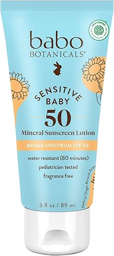 Babo Botanicals Sensitive Baby Mineral Sunscreen Lotion Spf50 - Natural Zinc Oxide - Face &Amp; Body - Fragrance-Free - Water-Resistant - Ewg Verified - Vegan - Extra Sensitive Skin - For Babies &Amp; Kids