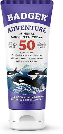 Badger Mineral Sunscreen Spf 50 Zinc Oxide Sunscreen With 98% Organic Ingredients, Reef-Safe, Broad-Spectrum, Hypoallergenic, Water Resistant, Unscented Adventure Sport Sunscreen 2.9 Fl Oz