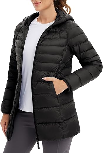 Baleaf Women'S Ultralight Down Jacket Long Packable Hooded Puffer Coat Warm For Winter