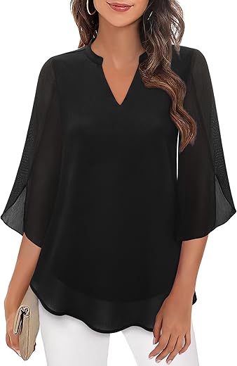 Bebonnie Womens Tops Dressy Casual Ruffle 3/4 Sleeve V Neck Double Layers Chiffon Blouses Tops