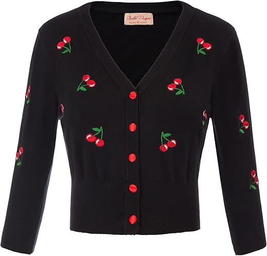 Belle Poque Women'S 3/4 Sleeve V-Neck Button Down Cherries Embroidery Cropped Cardigan Sweater Coat