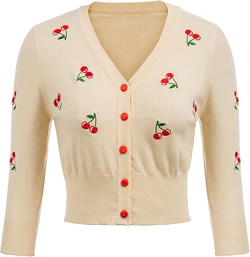 Belle Poque Women'S 3/4 Sleeve V-Neck Button Down Cherries Embroidery Cropped Cardigan Sweater Coat