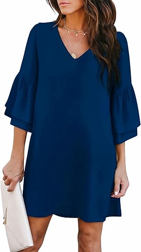 Belongsci Women'S 2024 Summer Dress Sweet &Amp; Cute V-Neck Bell Sleeve Shift Dress Mini Dress, Perfect For Wedding Or Graduation