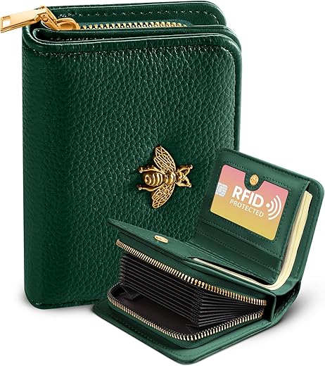 Bistup Credit Card Holder Wallet For Women Cute Leather Ladies Teen Girls Female Cardholder Wallets Accordion Purse Small Medium Aesthetic Print Green Unique Modern Design Rfid Zipper Around