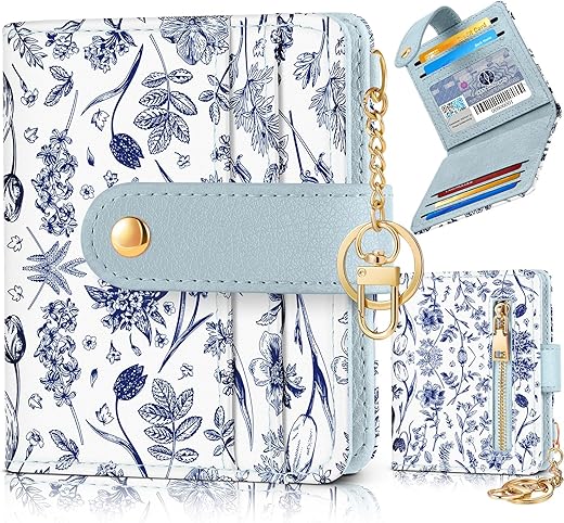 Bistup Wallet For Women Cute Bifold Small Card Wallet Rfid With Keychain For Ladies Teen Girls Female Medium Girly Aesthetic Thin Slim Flower Floral Unique Pretty Leather Credit Card Holder Purse