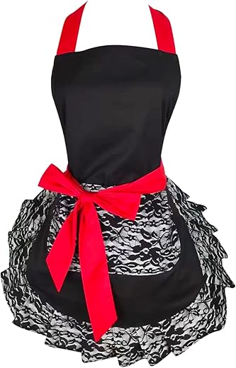 Black Lace Flirty Apron With Pocket, Fun Retro Sexy Cooking Pinup Aprons For Women Girls