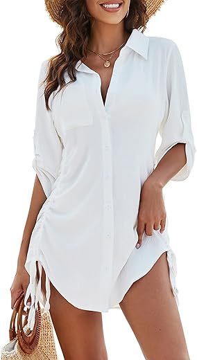 Blooming Jelly Womens Bathing Suit Cover Ups Bikini Swimsuit Coverup Drawstring Button Down Beach Dress Shirt