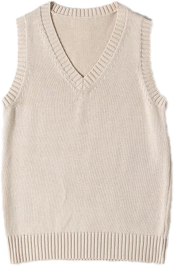 Blostirno Women’s Sweater Vest V Neck Jk Uniform Kint Vests Solid Classic Sleeveless Pullover Sweaters Tops