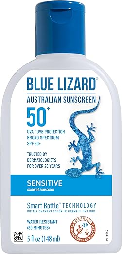 Blue Lizard Sensitive Mineral Sunscreen With Zinc Oxide, Spf 50+, Water Resistant, Uva/Uvb Protection With Smart Bottle Technology - Fragrance Free, 5 Oz