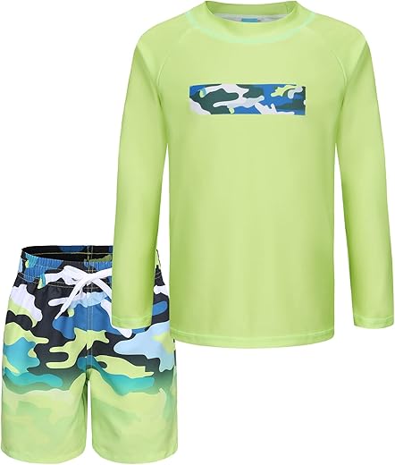 Boys Two Piece Rash Guard Swimsuits Set With Swim Trunk Kids Long Sleeve Bathing Suit Swimwear Set