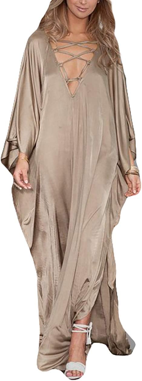 Bsubseach Kaftan Dresses For Women V Neck Swimsuit Coverup Caftan Dress Batwing Sleeve Satin Beach Dress