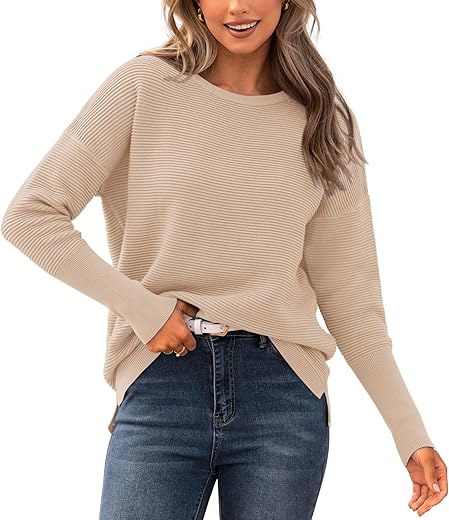 Btfbm Casual Women 2024 Fall Sweater Long Sleeve Ribbed Knit Pullover Loose Crewneck Batwing Split Sweater