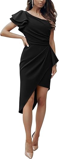 Btfbm Women 2024 Summer Fashion Elegant One Shoulder Cocktail Dress Ruffle Sleeve Wrap Ruched Bodycon Short Party Dresses