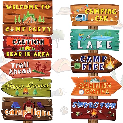 Camping Party Sign Camping Party Themed Directional Signs Camper Sign Camping Welcome Yard Outdoor Wall Sign Party Supplies Photo Props Backdrop Decoration Party Decor (20 Pcs, Card Stock)