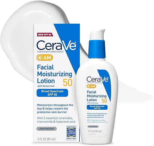 Cerave Am Facial Moisturizing Lotion Spf 50 | Face Moisturizer With Spf, Hyaluronic Acid, Niacinamide &Amp; Ceramides | Non-Greasy | Blends Seamlessly With No White Cast | Non Comedogenic Sunscreen | 3 Oz