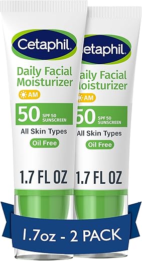 Cetaphil Daily Facial Moisturizer Spf 50, 1.7 Fl Oz Pack Of 2, Gentle Facial Moisturizer For Dry To Normal Skin Types, No Added Fragrance, (Packaging May Vary)