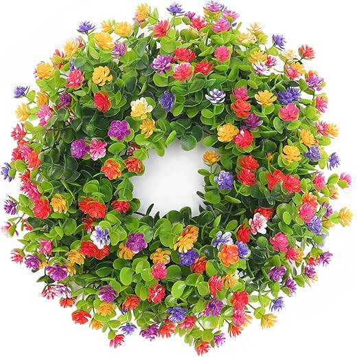 Cewor 8In Spring Wreaths For Front Door Artificial Flower Wreath With Plastic Green Eucalyptus Leaves For Farmhouse Home Outdoor Decor