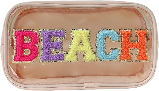 Clear Makeup Letter Bag Chenille Letter Patch Beach Makeup Bag Cosmetic Bag For Beach Travel Nylon &Amp; Pvc Waterproof Organization Outdoor Zipper Pouch Toiletry Bag For Women Girls