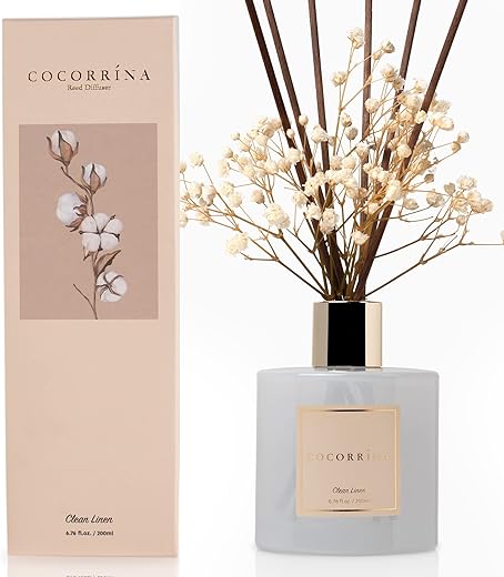 Cocorrína Reed Diffuser Set, 6.7 Oz Clean Linen Scented Diffuser With Sticks Home Fragrance Reed Diffuser For Bathroom Shelf Decor