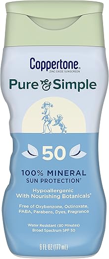 Coppertone Pure And Simple Zinc Oxide Mineral Sunscreen Lotion Spf 50, Body Sunscreen, Water Resistant, Broad Spectrum Spf 50 Sunscreen For Sensitive Skin, 6 Fl Oz Bottle