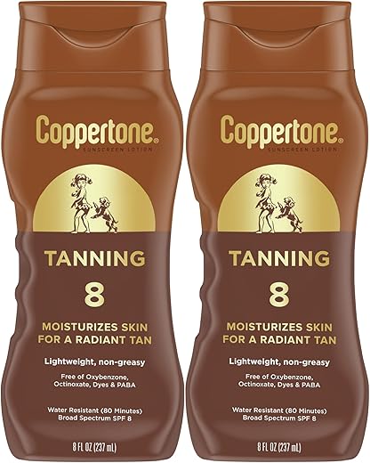 Coppertone Tanning Sunscreen Lotion, Water Resistant Body Sunscreen Spf 8, Broad Spectrum Spf 8 Sunscreen Pack, 8 Fl Oz Bottle, Pack Of 2