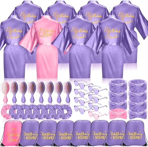 Coume 48 Pcs Birthday Robes For Women Queen Squad Robe Sunglasses Scrunchie Headbands Comb Bag For Birthday