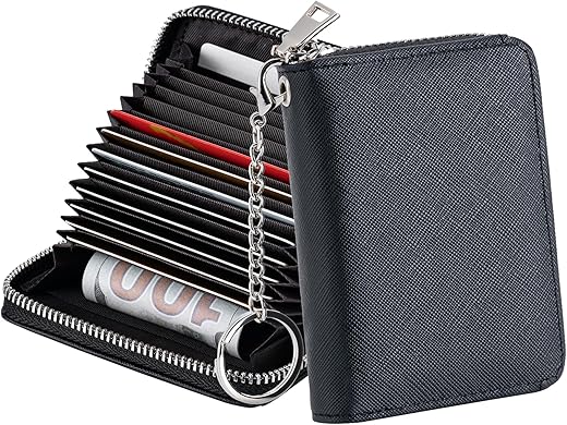 Credit Card Holder Rfid Wallet,Women Small Card Wallet Leather Organizer Case,Pocket Business Card Case With Zipper &Amp; Keychain(Black)