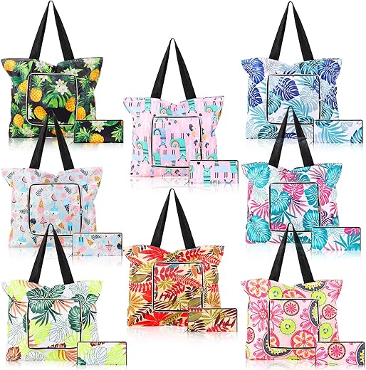 Cunno 8 Pcs Summer Reusable Shopping Bags For Groceries 13.78 X 17.72 X 4.72 Inch Beach Foldable Tote Bag With Zipper And Handles Large Capacity Waterproof Travel Tote Bags For Women Work Gym