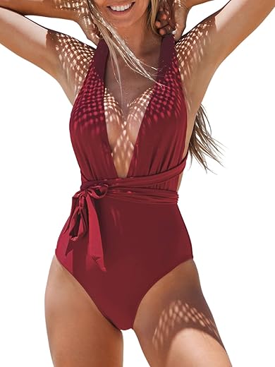 Cupshe Women'S One Piece Swimsuit Sexy Deep V Neck Bathing Suit Crisscross Back Self Tie