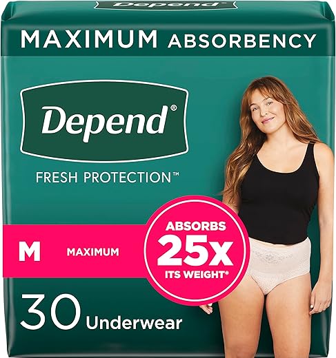 Depend Fresh Protection Adult Incontinence &Amp; Postpartum Bladder Leak Underwear For Women, Disposable, Maximum, Medium, Blush, 30 Count, Packaging May Vary