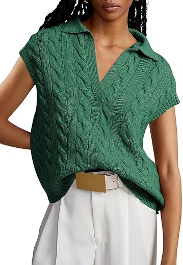 Dokotoo Sweater Vest Women V Neck Lapel Collar Cable Knit Vest For Women Vest Top Fall Outfits For Women 2024