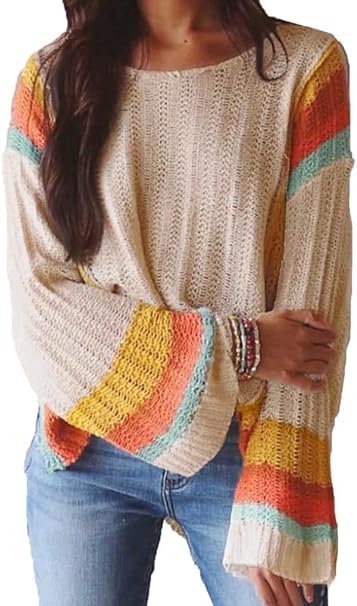 Dokotoo Womens 2024 Fall Casual Color Block Striped Lightweight Comfy Cable Knit Trendy Boho Clothes Pullover Sweaters