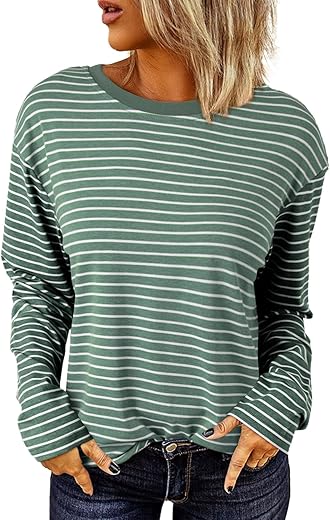 Dokotoo Women'S Casual Striped Long Sleeve Tops Crew Neck Knit Basic T Shirts