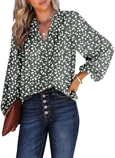 Dokotoo Women'S Casual V Neck Alicia Floral Print Smocked Long Sleeve Chiffon Blouses Bohemian Top Shirts