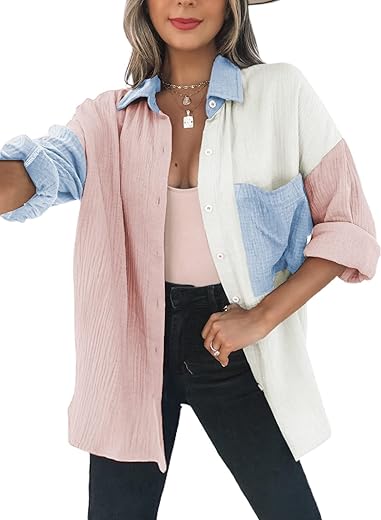 Dokotoo Womens Color Block Button Down Shirts Long Sleeve Oversized Boyfriend Blouses Tops