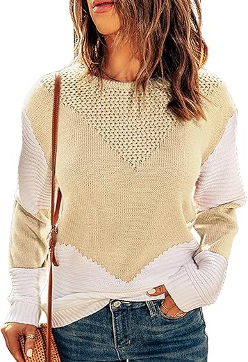 Dokotoo Womens Crochet Crewneck Long Sleeve Pullovers Color Block Tunic Ribbed Sweaters Jumper Tops