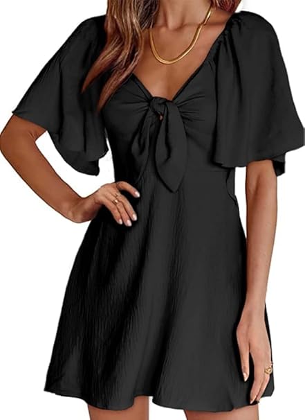 Dokotoo Womens Dresses 2024 Fall Summer Deep V Neck Elegant Bow Tie Mini Dress S-Xl