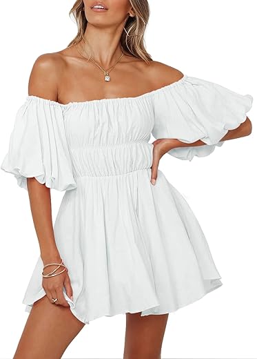 Dokotoo Womens Off The Shoulder Summer Dresses 2024 Short Lantern Sleeve Ruffle Elastic Waist A-Line Casual Mini Dress