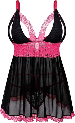 Donnalla Women'S Sexy Plus Size Lingerie - Split Cup Lace Babydoll Sleepwear Chemise Set 2Xl,3Xl,4Xl