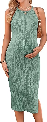 Ekouaer Maternity Dress Rib Knit Side Slit Stretchy Bodycon Pregnancy Dresses Halter Neck Sleeveless Pregnant Clothes