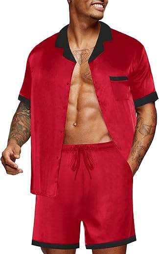 Ekouaer Men Satin Silk Pajamas Set With Pockets Sleepwear Shorts Satin Summer Loungewear 2 Piece Button Down Set S-Xxl