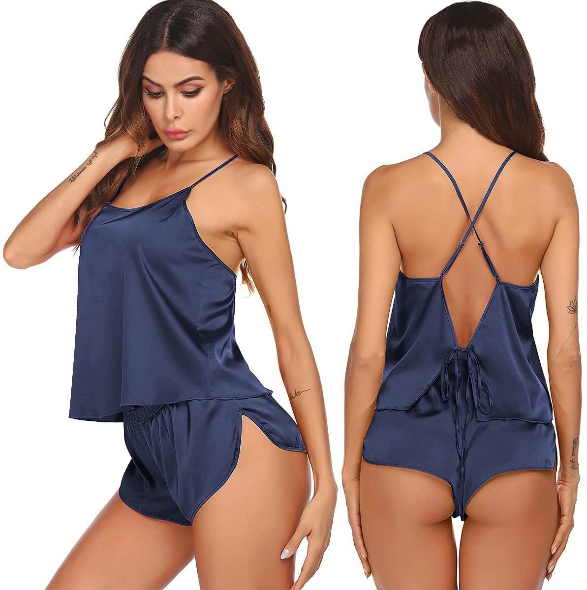 Ekouaer Silk Pajamas Set For Women Satin Backless Lingerie Pjs Cami Top And Shorts Nightwear