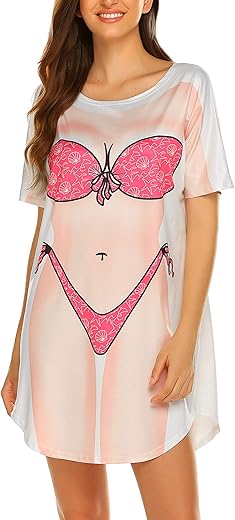 Ekouaer Women'S Bikini Shirt Cover Up Short Sleeve Cute Bikini Print Cover-Up Baggy T Shirt Dress Fun Wear