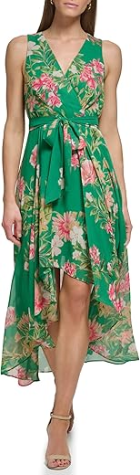 Eliza J Women'S Surplus Hi Lo Maxi Style Printed Chiffon Sleeveless Vneck Floral Dress